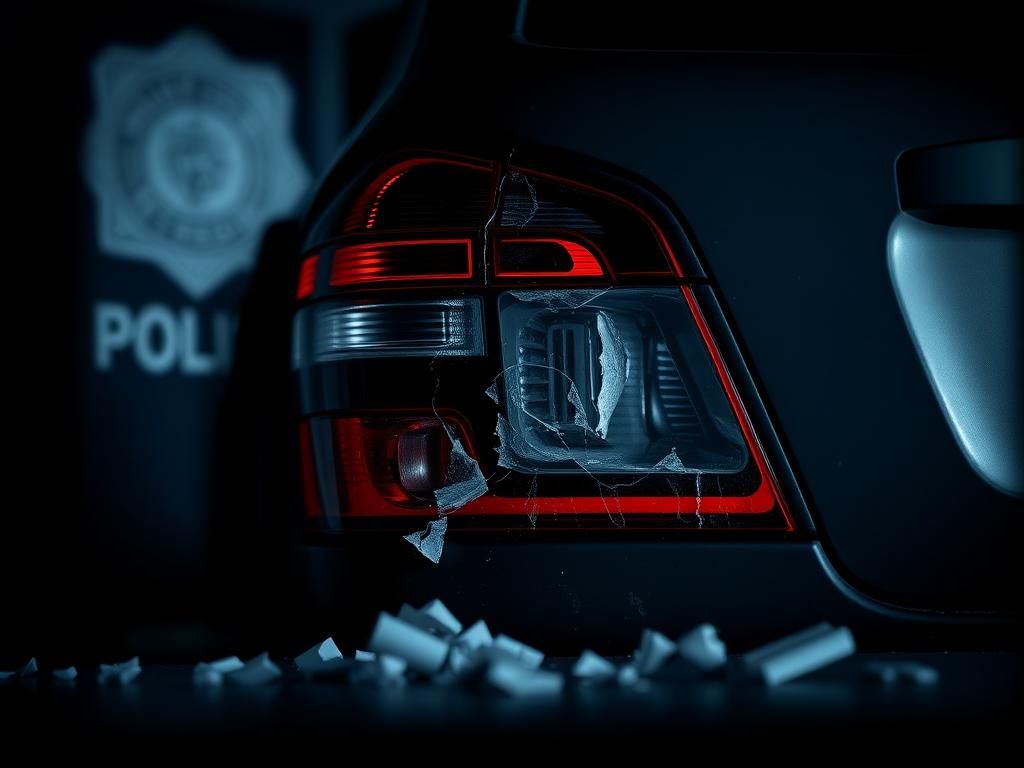 Flick International Close-up view of a damaged SUV taillight showing cracks and missing fragments in a police evidence area