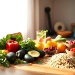 Flick International A serene wooden table featuring vibrant healthy foods and fitness elements