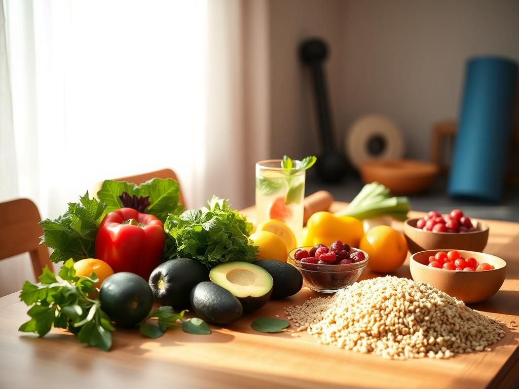 Flick International A serene wooden table featuring vibrant healthy foods and fitness elements