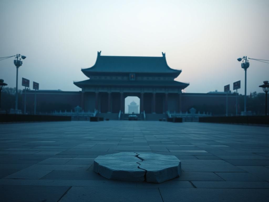 Flick International A somber, empty Tiananmen Square at dusk with the Gate of Heavenly Peace in the background
