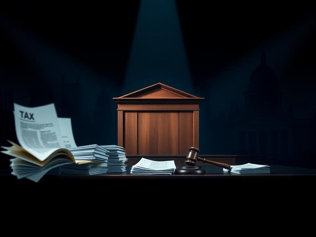 Flick International A dramatic courtroom scene with a judge's bench and legal documents symbolizing the Trump tax leak case