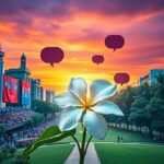 Flick International A divided cityscape featuring a political rally with vibrant blue and red banners and a serene park with a blooming jasmine flower.