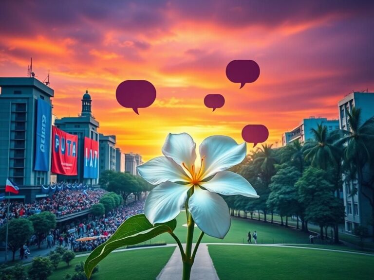 Flick International A divided cityscape featuring a political rally with vibrant blue and red banners and a serene park with a blooming jasmine flower.