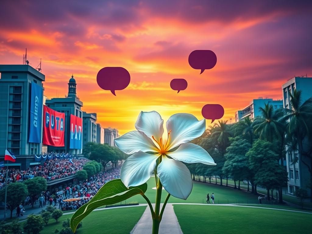 Flick International A divided cityscape featuring a political rally with vibrant blue and red banners and a serene park with a blooming jasmine flower.