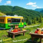 Flick International Mobile teaching kitchen parked beside a hiking trail in West Virginia's Appalachian Mountains.