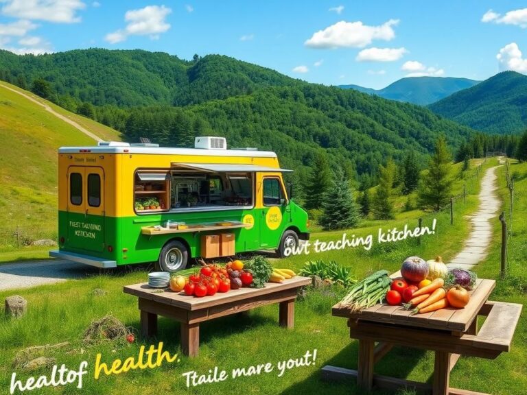 Flick International Mobile teaching kitchen parked beside a hiking trail in West Virginia's Appalachian Mountains.