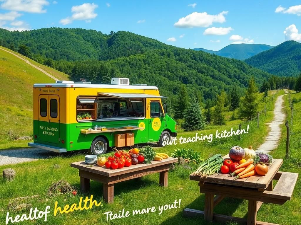 Flick International Mobile teaching kitchen parked beside a hiking trail in West Virginia's Appalachian Mountains.