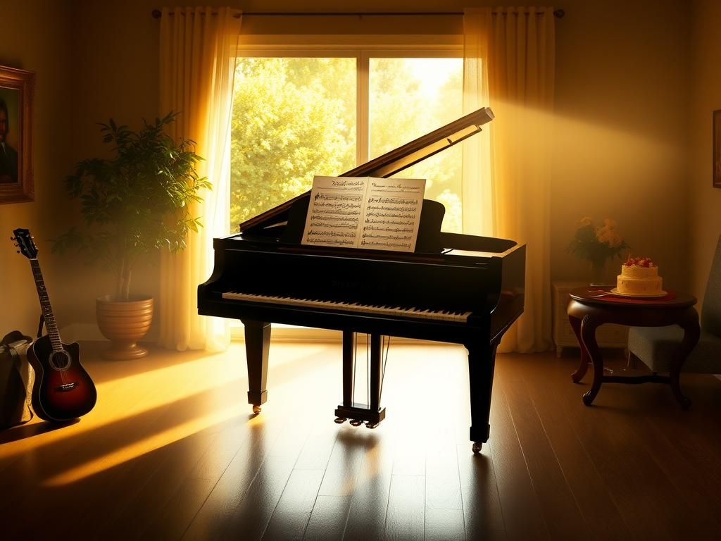 Flick International Dimly-lit room with a grand piano and sheet music symbolizing Billy Joel's musical legacy