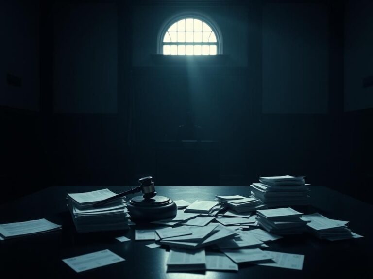 Flick International Empty courtroom scene with a judge's bench and legal documents