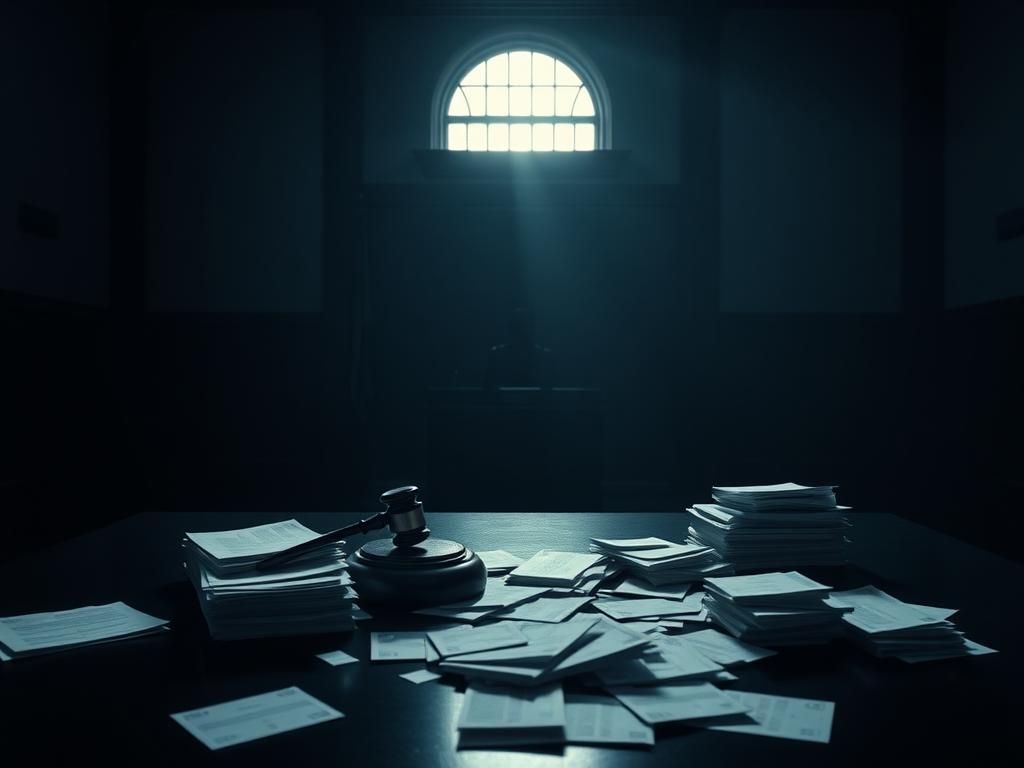 Flick International Empty courtroom scene with a judge's bench and legal documents