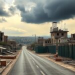 Flick International A desolate urban landscape in Gaza highlighting crumbling buildings and a fortified military checkpoint.