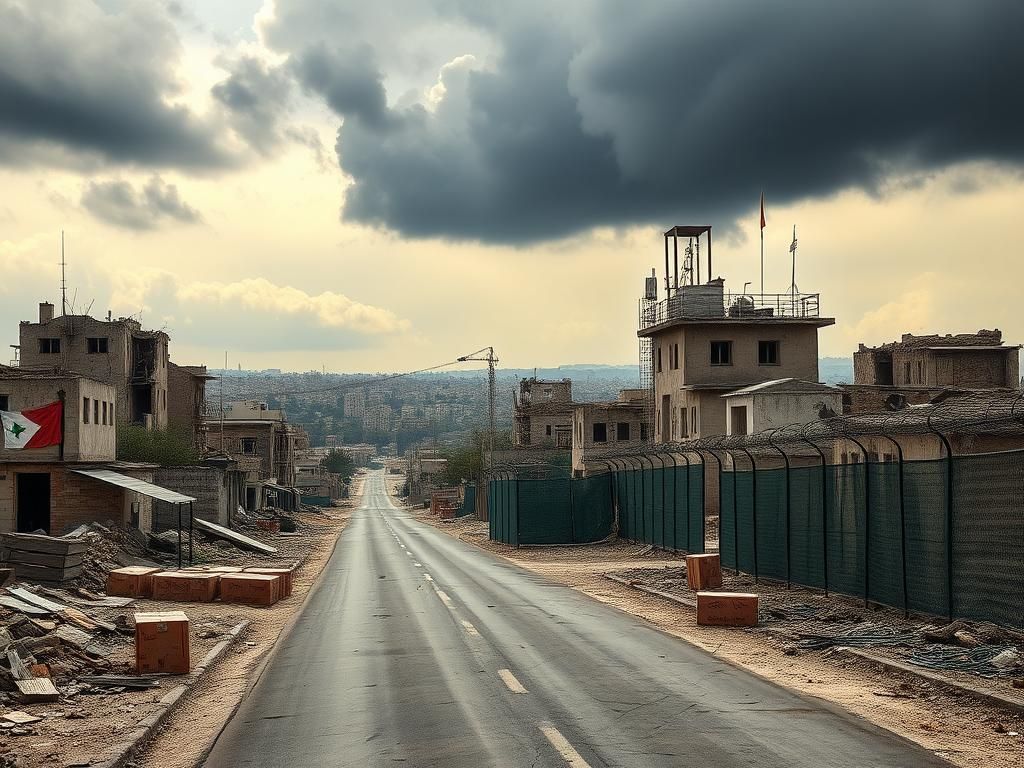 Flick International A desolate urban landscape in Gaza highlighting crumbling buildings and a fortified military checkpoint.