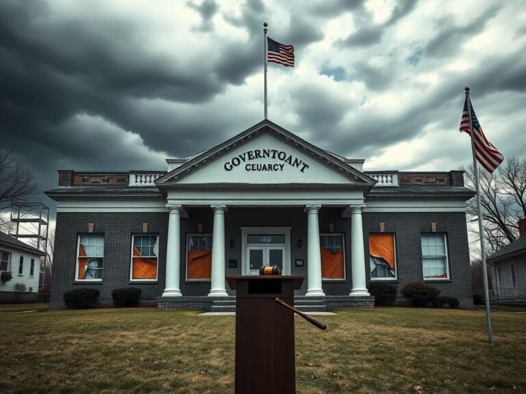 Flick International A government building in a small Illinois suburb with peeling paint and boarded windows, symbolizing corruption and neglect.