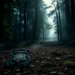 Flick International Worn police badge half-buried in the dirt amidst a shadowy Ozark forest setting