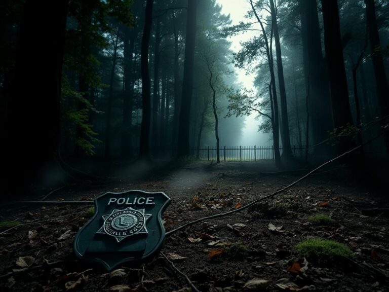 Flick International Worn police badge half-buried in the dirt amidst a shadowy Ozark forest setting