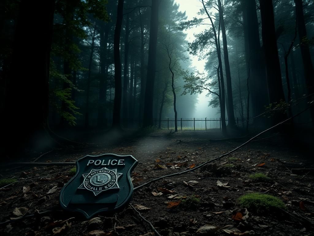Flick International Worn police badge half-buried in the dirt amidst a shadowy Ozark forest setting
