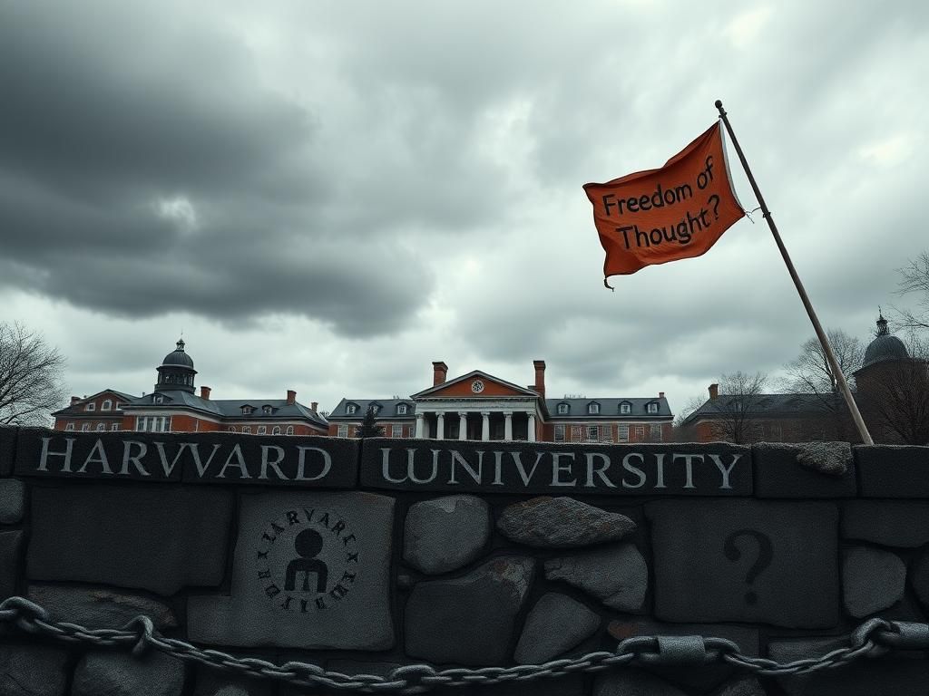 Flick International Harvard University campus under dark gray clouds symbolizing ideological oppression