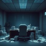 Flick International Dimly lit office depicting chaos with stacks of paperwork and an empty chair symbolizing staff departure