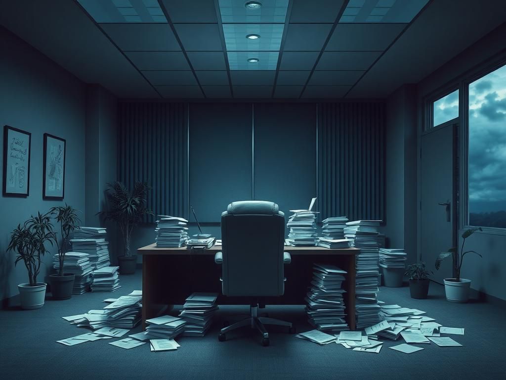 Flick International Dimly lit office depicting chaos with stacks of paperwork and an empty chair symbolizing staff departure
