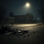 Flick International A deserted street illuminated by a streetlight, showcasing remnants of a car explosion with debris and smoke.