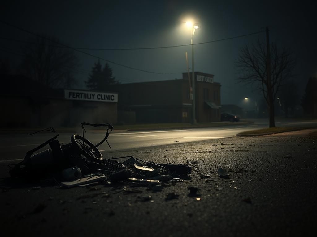Flick International A deserted street illuminated by a streetlight, showcasing remnants of a car explosion with debris and smoke.
