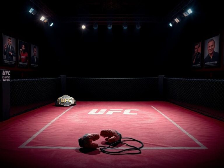 Flick International Empty MMA octagon with gloves and championship belt reflecting a canceled fight