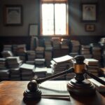 Flick International A courtroom scene with an oak judge's bench and legal documents, symbolizing authority and justice