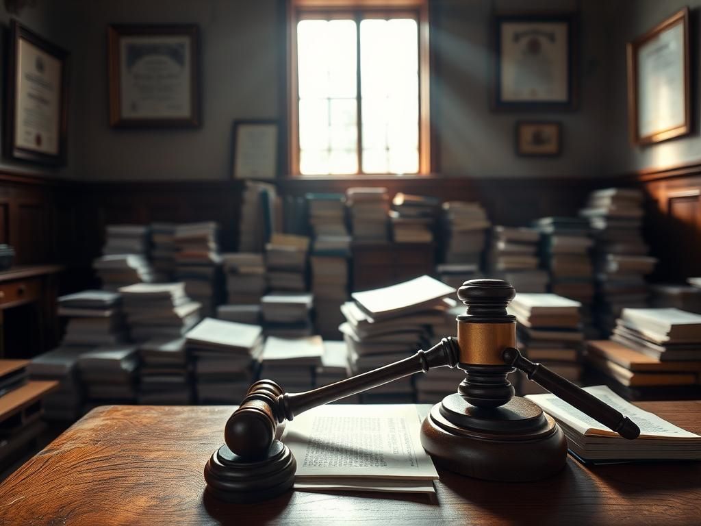 Flick International A courtroom scene with an oak judge's bench and legal documents, symbolizing authority and justice