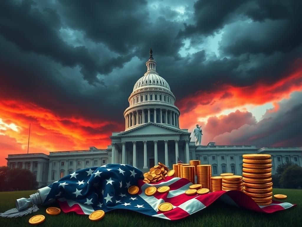 Flick International A dramatic depiction of a massive political bill being rolled out across the Capitol with a crumpled American flag in the foreground.