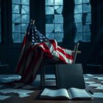 Flick International A cracked American flag symbolizing political division draped over empty chairs in a dimly lit room.