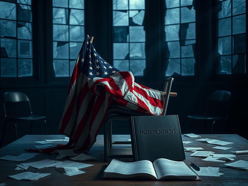 Flick International A cracked American flag symbolizing political division draped over empty chairs in a dimly lit room.