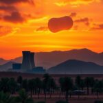 Flick International Dramatic landscape of Iran featuring a nuclear power plant silhouette with sunset colors