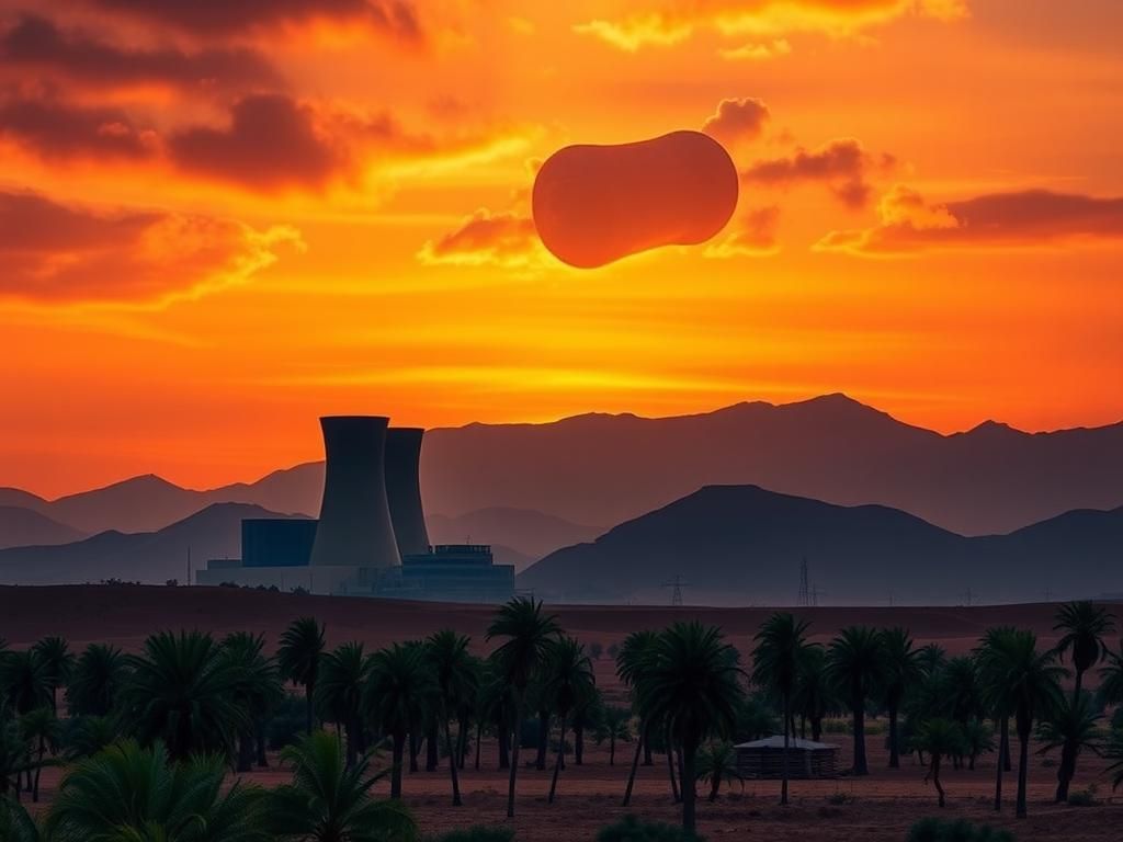Flick International Dramatic landscape of Iran featuring a nuclear power plant silhouette with sunset colors