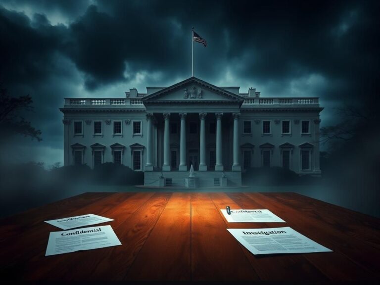 Flick International Dramatic depiction of the White House under a dark sky with an empty table and scattered investigation documents.