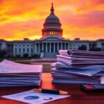 Flick International Grand Capitol building illuminated by a vibrant sunset against a backdrop of tax law documents.