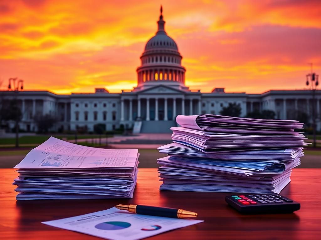 Flick International Grand Capitol building illuminated by a vibrant sunset against a backdrop of tax law documents.
