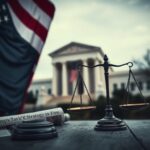 Flick International Close-up of an American flag waving in front of the U.S. Supreme Court with scales of justice