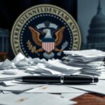 Flick International An abstract representation of a presidential seal obscured by chaotic documents and an AutoPen