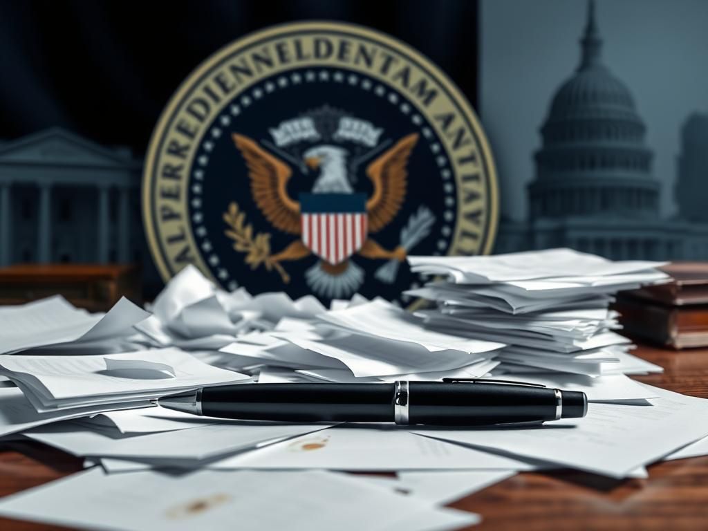 Flick International An abstract representation of a presidential seal obscured by chaotic documents and an AutoPen