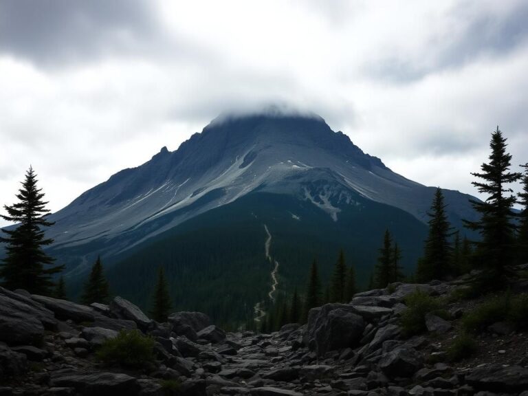 Flick International Dramatic view of Mount Katahdin under an overcast sky