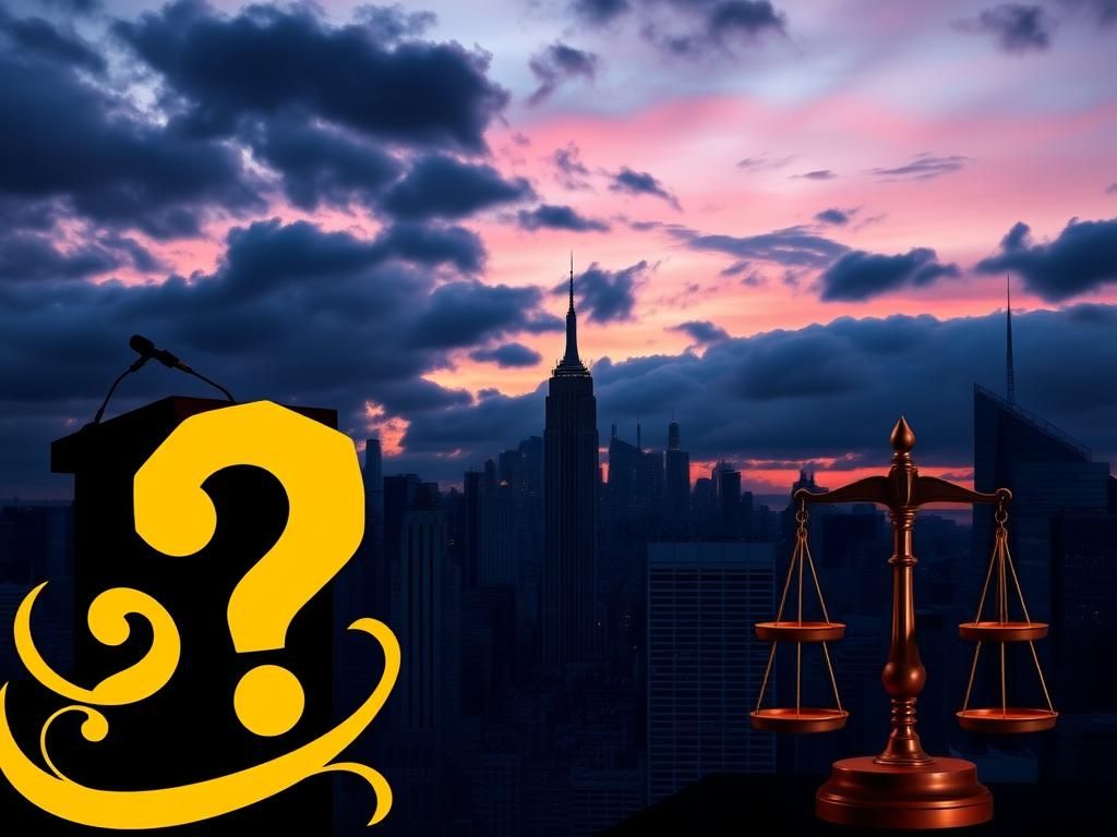 Flick International Dramatic New York City skyline at dusk with iconic landmarks and political symbolism