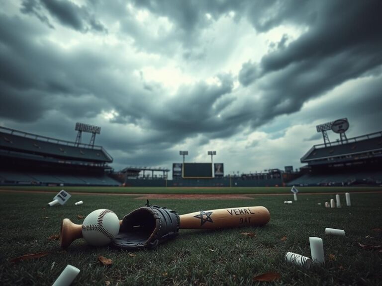 Flick International A dramatic landscape with a gray sky over an abandoned baseball field symbolizing tension and turmoil