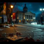 Flick International Dimly lit street scene in Boulder, Colorado, showing remnants of a pro-Israel demonstration with protest signs and a shattered glass bottle.
