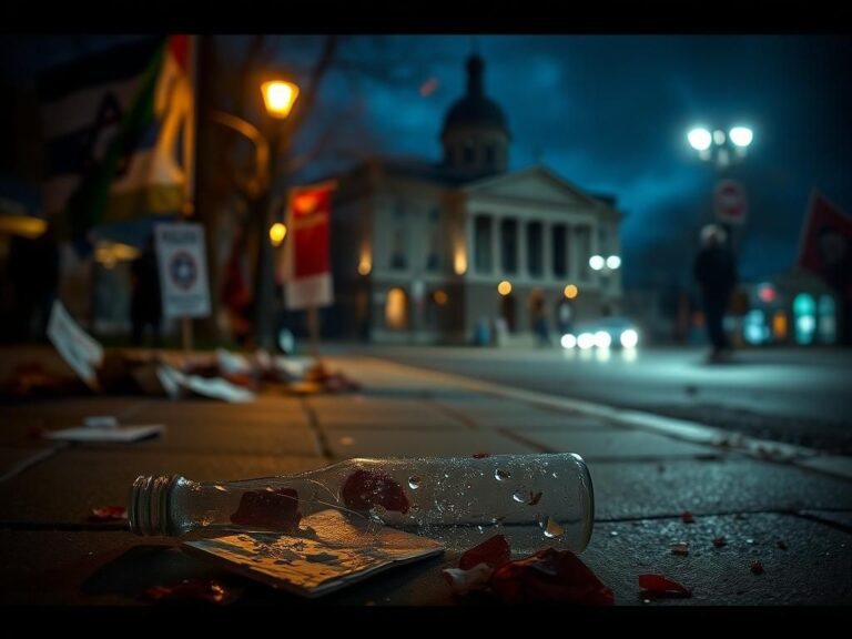 Flick International Dimly lit street scene in Boulder, Colorado, showing remnants of a pro-Israel demonstration with protest signs and a shattered glass bottle.