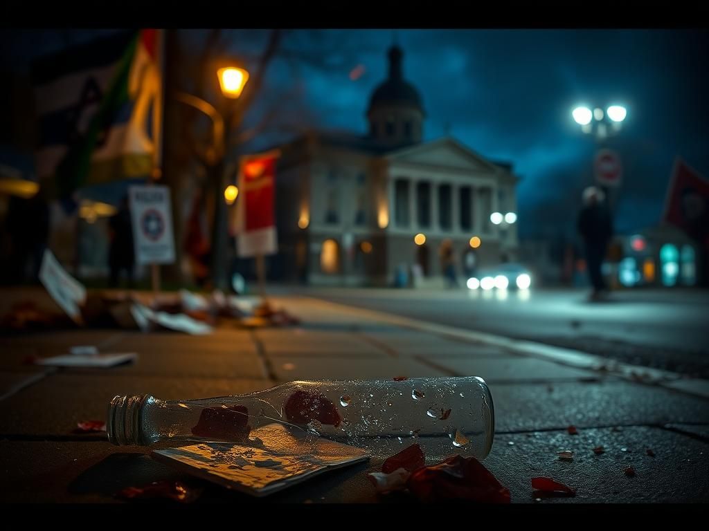 Flick International Dimly lit street scene in Boulder, Colorado, showing remnants of a pro-Israel demonstration with protest signs and a shattered glass bottle.