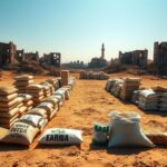 Flick International A serene landscape in Gaza with food aid boxes and bags symbolizing humanitarian support