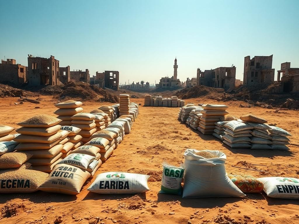 Flick International A serene landscape in Gaza with food aid boxes and bags symbolizing humanitarian support