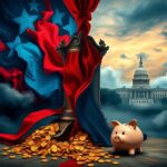 Flick International An abstract representation of a divided political landscape featuring a large ornate bill titled 'Big, Beautiful Bill' amidst vibrant red and blue colors.