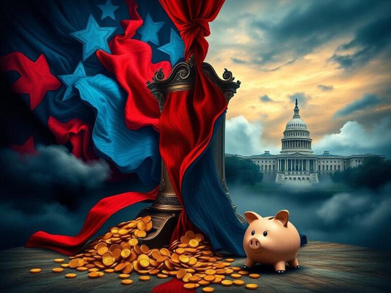 Flick International An abstract representation of a divided political landscape featuring a large ornate bill titled 'Big, Beautiful Bill' amidst vibrant red and blue colors.