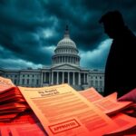 Flick International A dramatic view of the United States Capitol building against a stormy sky with scattering documents labeled 'Big, Beautiful Bill'